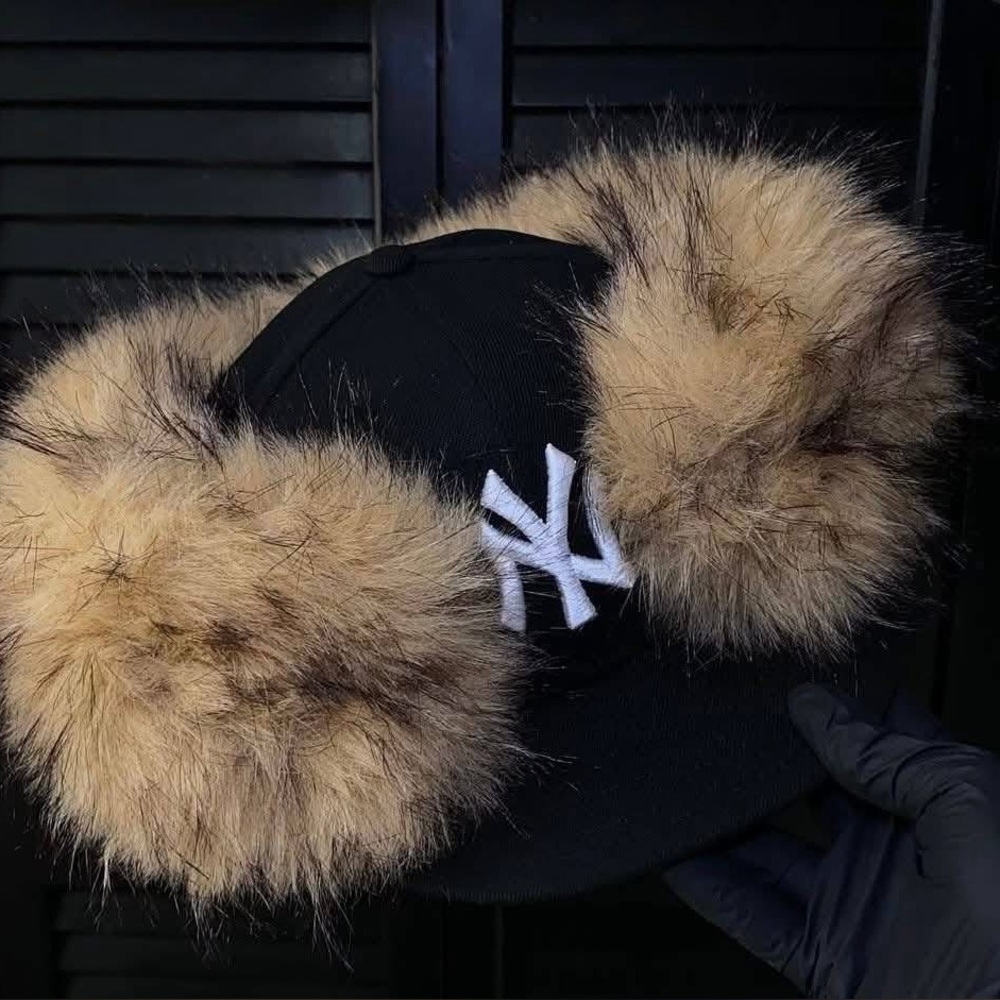 Black Yankee Cap with Fur Accents